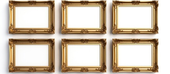 Six gold framed pictures hang on a white wall, neatly arranged in a row. The frames are elegant and shiny, contrasting with the clean white background. Each picture is different,