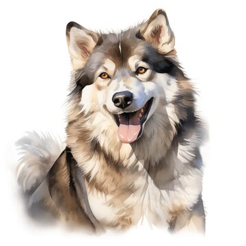 Alaskan malamute dog. Alaskan malamute dog clipart. Watercolor illustration. Generative AI. Detailed illustration.