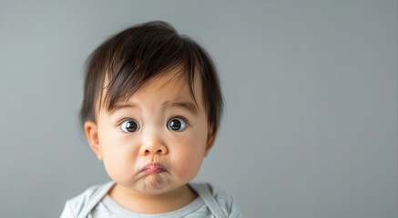 A baby with a surprised expression on its face. The baby is wearing a gray shirt and has a messy face. photo of a 1-year-old Asian toddler, bewildered expression, drooling, looking confused and dazed - obrazy, fototapety, plakaty