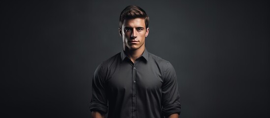 Obraz premium A man is seen standing in a dark room, his hands casually tucked in his pockets. The subdued lighting highlights the mans silhouette against the gray background.