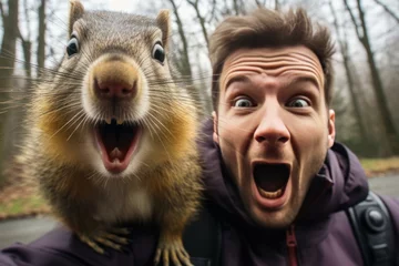 Selbstklebende Fototapeten Unpredictable Scared man selfie with park squirrel. Wow photo. Fictional person. Generate Ai © juliars