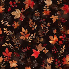Obraz premium Fall Background: Rich tones of red, orange, and gold repeat in a seamless pattern of falling leaves and autumnal motifs, capturing the warmth and beauty of the fall season.