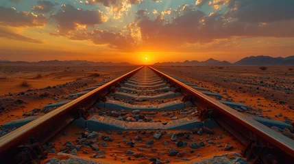 Tuinposter Railway tracks in the desert at sunset. Travel and transportation concept, generative AI © matteo