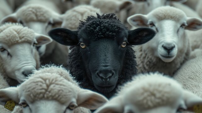 Schwarzes Schaf zwischen vielen wei&szlig;en Schafen, Konzept Au&szlig;enseiter, S&uuml;ndenbock