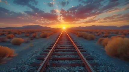 Poster Railway tracks in the desert at sunset. Travel and transportation concept, generative AI © matteo