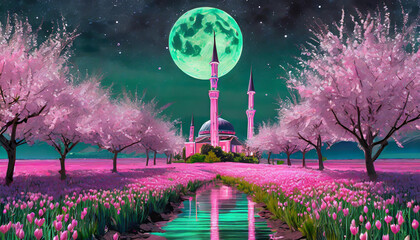 Illustration of a mosque with a supermoon, night sky and golden light with a beautiful view, anime style