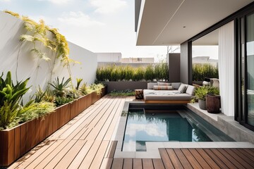 Modern apartment patio or cortyard with pool, calming area for relaxing in natural and exotic colors.