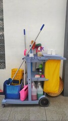 Cleaning equipment on the trolley to make easier to carry it