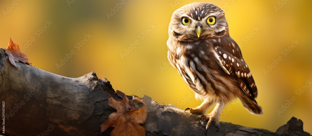 Aufkleber a small screech owl with sharp beak and beautiful feathers perched on a tree branch. a stunning even