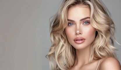 Fototapeta premium Portrait of a girl with blonde hair for beauty salon cover or poster, banner, booklet. Beautiful clear skin, well-groomed look, light eyes. Salon, well-groomed look. Beauty concept.