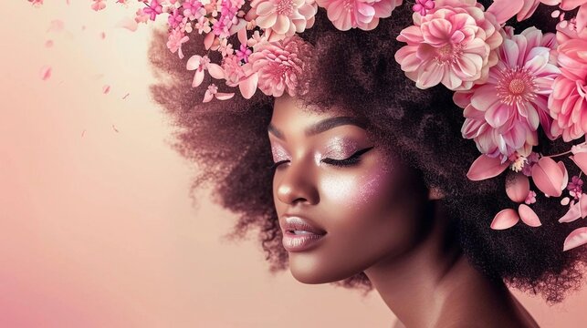 Portrait of African American girl with flowers in her hair for beauty salon cover or poster, banner, booklet. Beautiful clear skin, well-groomed look, light eyes. Salon, well-groomed look. Beauty.