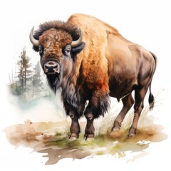 American bison. Bison clipart. Watercolor illustration. Generative AI. Detailed illustration.