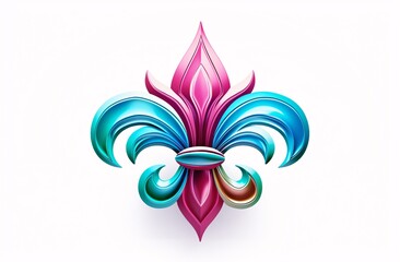 holographic shape inspired by fleur-de-lis  in pink and teal gradient on white background