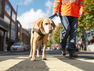A guide dog of the Labrador Retriever breed helps a blind man at a pedestrian crossing on the road
