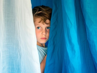 Portrait of a sad Caucasian boy in a white T-shirt peeking out from behind a blue curtain, autism spectrum disorder