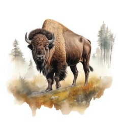 American bison. Bison clipart. Watercolor illustration. Generative AI. Detailed illustration.