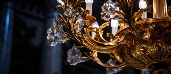 A close-up view of a golden chandelier hanging from the ceiling, beautifully illuminated and sparkling.
