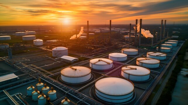 Drohnenaufnahme einer Hafenanlage mit Öltanks und Flüssiggastanks, Tanks voll mit Gas und Öl, Konzept Energieinfrastruktur