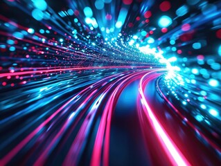 Vibrant image of colorful light trails, symbolizing traffic with luminous neon beams. Illustrates hyperspace journeys in a time-travel context. AI-enhanced digital visuals. AI.