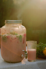 Fresh refreshing lemonade in back yard garden at summer time. Homemade beverage with mint, watermelon and lemon in carafe and glass in warm rays of the sunset in nature