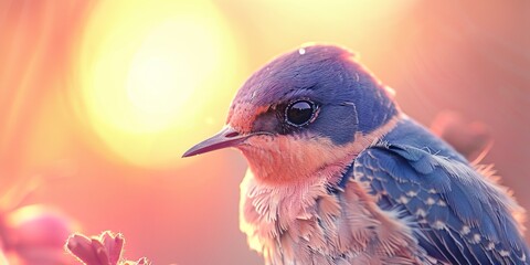 A swallow displays its beak in photorealistic detail against a sky pinked by the setting sun. Close-up of a swallow under the magical touch of the twilight sun in tonal reproduction. - obrazy, fototapety, plakaty