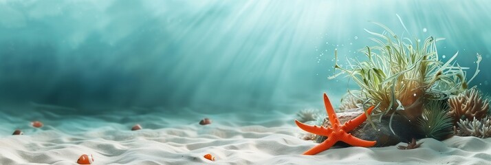 Beautiful nautical theme banner with starfish, beach sand, sea plants, seaweed on blue water background in sunlight with space for text - obrazy, fototapety, plakaty