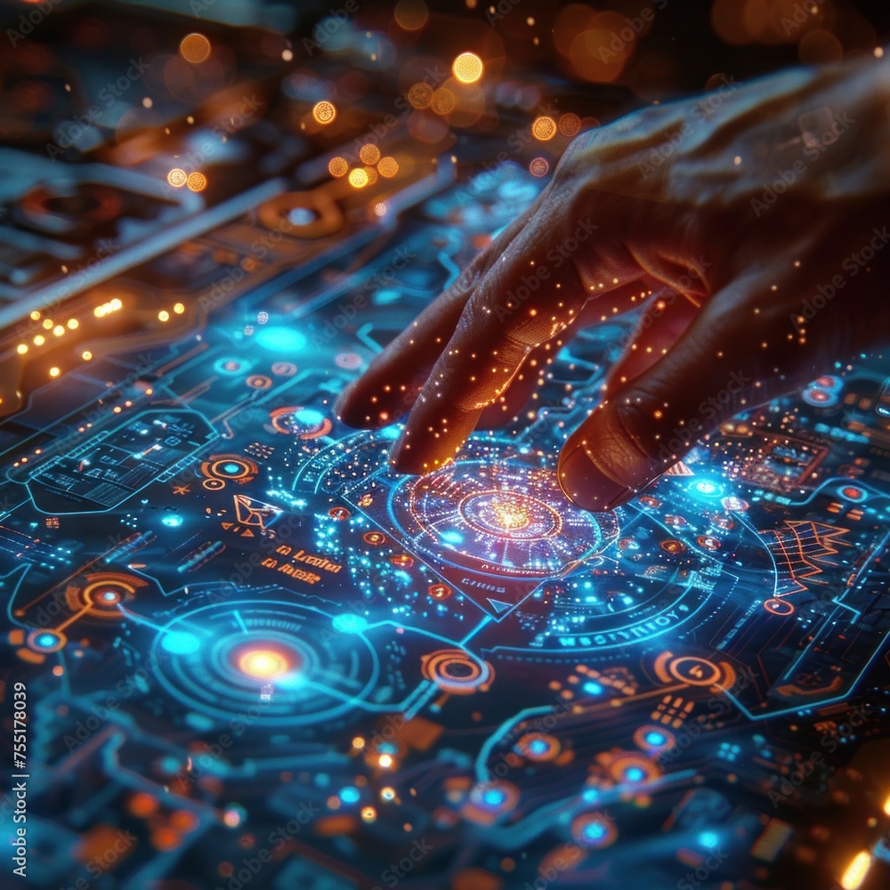 Poster close-up view of hands touching a circuit board, with visible light and technology components.