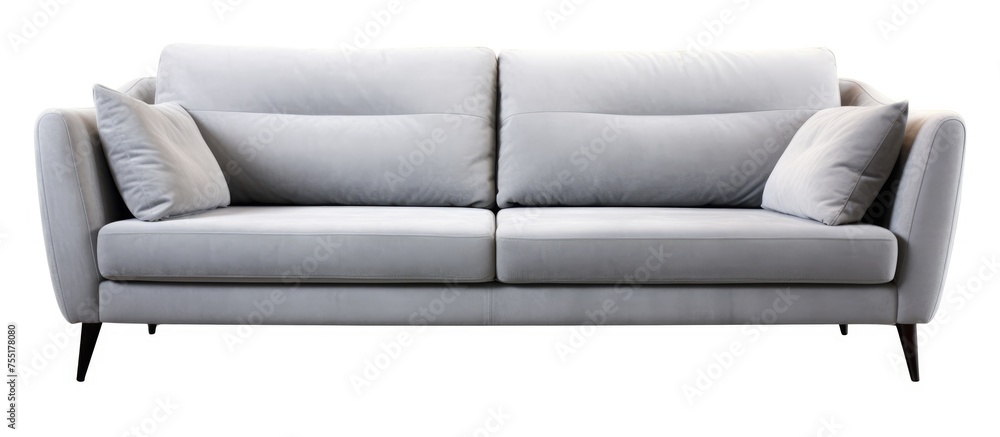 Poster a modern white couch with plush pillows neatly arranged on top of it, creating a cozy and inviting s