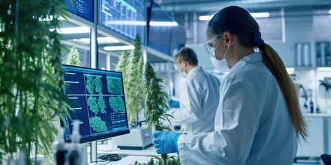 Scientists researching cannabis plants in laboratory, beneficial properties of hemp. Biotechnology concept with high-tech plant analysis for medical research - obrazy, fototapety, plakaty