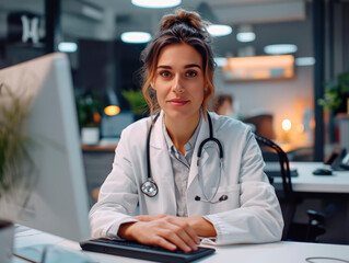 Close-up portrait of Caucasian smiling young female doctor in lab coat with stethoscope sitting at table in front of computer, looking at camera, online consultation in office
