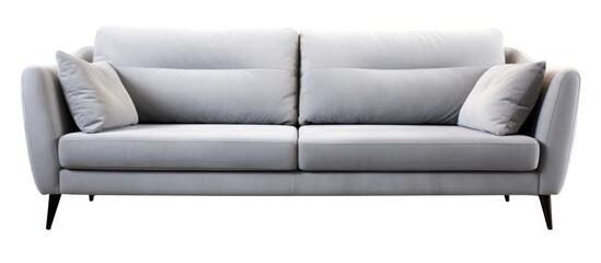 A modern white couch with plush pillows neatly arranged on top of it, creating a cozy and inviting seating area. The sleek design of the couch contrasts beautifully with the softness of the pillows.