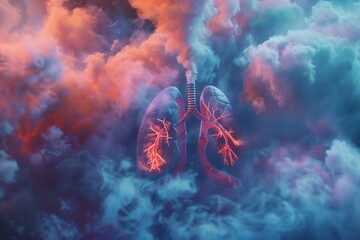 A stunning artwork showcasing a persons lungs depicted in the clouds, with electric blue hues and intricate patterns resembling cumulus formations - obrazy, fototapety, plakaty