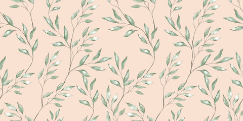 Watercolor leaves branches eucalyptus wallpaper textile wrapping paper peack pink background seamless pattern botanical floral desing wedding invitation card