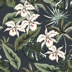Tropical green leaves, palm trees, white orchid flowers, black background. Vector seamless pattern. Floral illustration. Exotic plants. Summer beach design. Paradise nature
