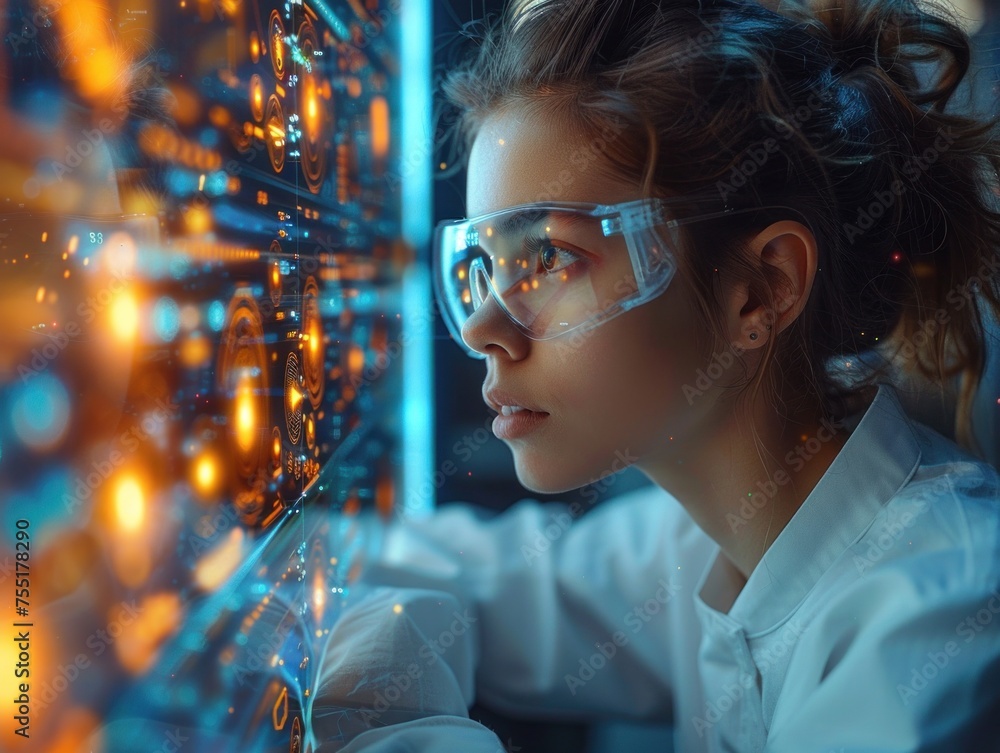 Aufkleber a female scientist wearing a lab coat and safety goggles is studying data on a computer screen with 