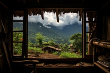 Obraz premium Serene Scenery view from inside hut. Nature landscape view from vacation lodge. Generate ai