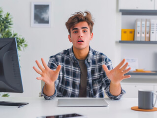 Unhappy surprised young latin male manager looking at camera while sitting at desk with computer. Frustrated man gesturing with his hands