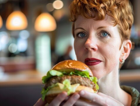 A woman holding a large hamburger in her hand