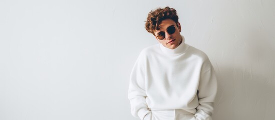 A hipster model dressed in a white sweater and black pants strikes a pose in a studio setting against a white wall. The man exudes style and sophistication with his trendy outfit choice.