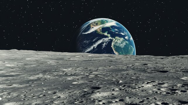 Image taken from the Moon's surface, featuring view of Earth rising over the horizon. The vibrant blues, greens, and whites of Earth contrast beautifully with the Moon's grey, cratered landscape. AI