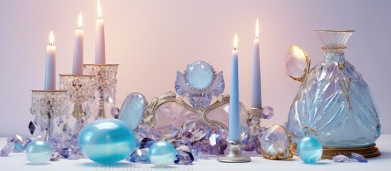 A table adorned with candles and crystals sits against a vibrant purple backdrop, creating a...