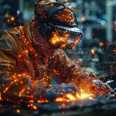 A welder is seen working on a piece of metal, skillfully joining it to create a sturdy structure as part of a fabrication project.
