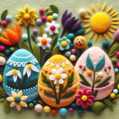 Fototapeta na wymiar Felt art patchwork, Easter eggs with spring flowers, colorful holiday