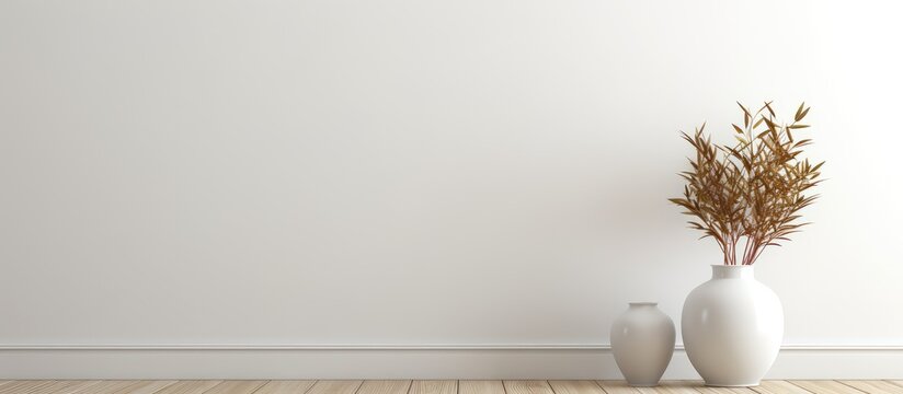 Two white vases are placed on a brown parquet wooden floor against a classic white wall background in a home setting.