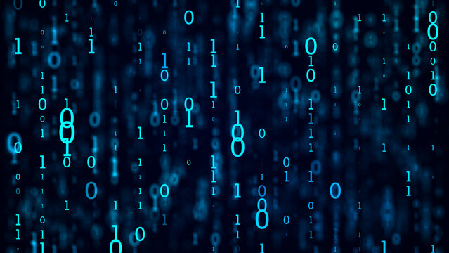 Blue matrix background. Stream of binary code. Falling numbers on dark backdrop. Digital computer code. Coding and hacking. 3D rendering.