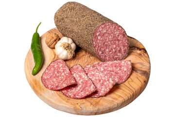 Peppered salami and slices on cutting board. Italian salami with pepper isolated on white background