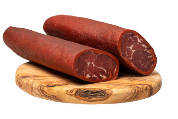 Turkish pastrami. Traditional Turkish cuisine flavors. Bacon slices on cutting board. Local name sivas pastirma