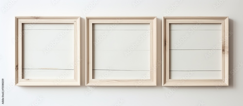Poster three cream wooden photo frames are hanging on a white wall. the frames are empty, waiting to displa