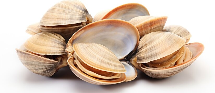 A collection of bivalve molluscs shells, commonly known as clams, displayed on a clean white surface. These natural materials can be used in fashion accessories or enjoyed as a delicious seafood dish