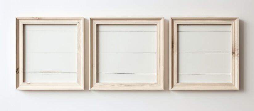 Three cream wooden photo frames are hanging on a white wall. The frames are empty, waiting to display memories or art. Soft and selective focus adds a touch of elegance to the simple composition.